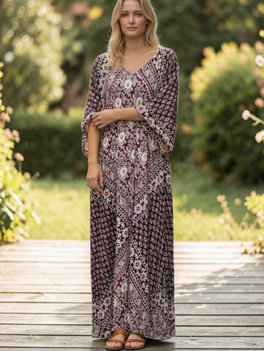 Vtg 1970s Indian cotton block print Maxi Kaftan Bell sleeve Sz L Hippie Festival